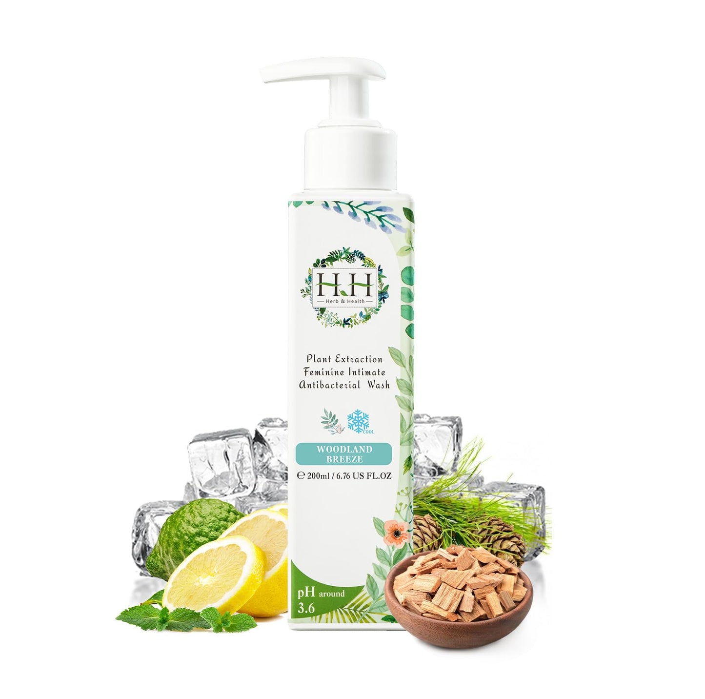 HH Herb & Health Feminine Wash for Women, pH3.6 Lactobacillus Cleanser with Botanical Extracts, Hydrating & Cooling Intimate Care for Odor Dryness and Itch, Sensitive Skin Safe, Fresh Floral Scent