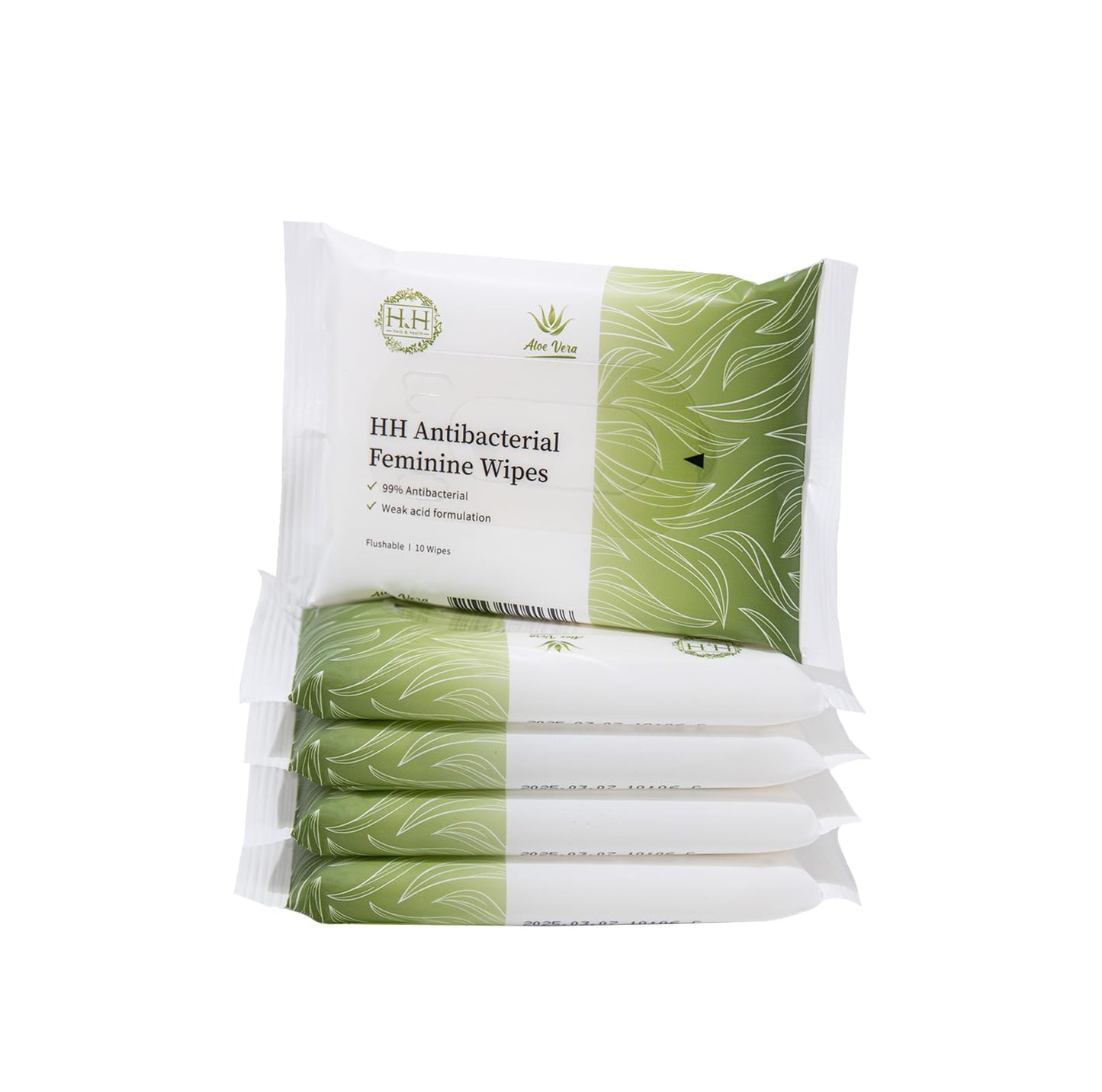 HH Feminine Wipes, Removes Odor, pH Balanced, Flushable Cleansing Wipes, Alcohol-Free - Unscented (10 Count, Pack of 5)