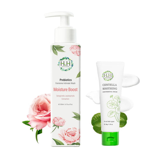 HH Moisture Boost Prebiotic Feminine Intimate Wash, 6.76 fl oz, Centella Soothing Hair Removal Cream, 1.7 fl oz