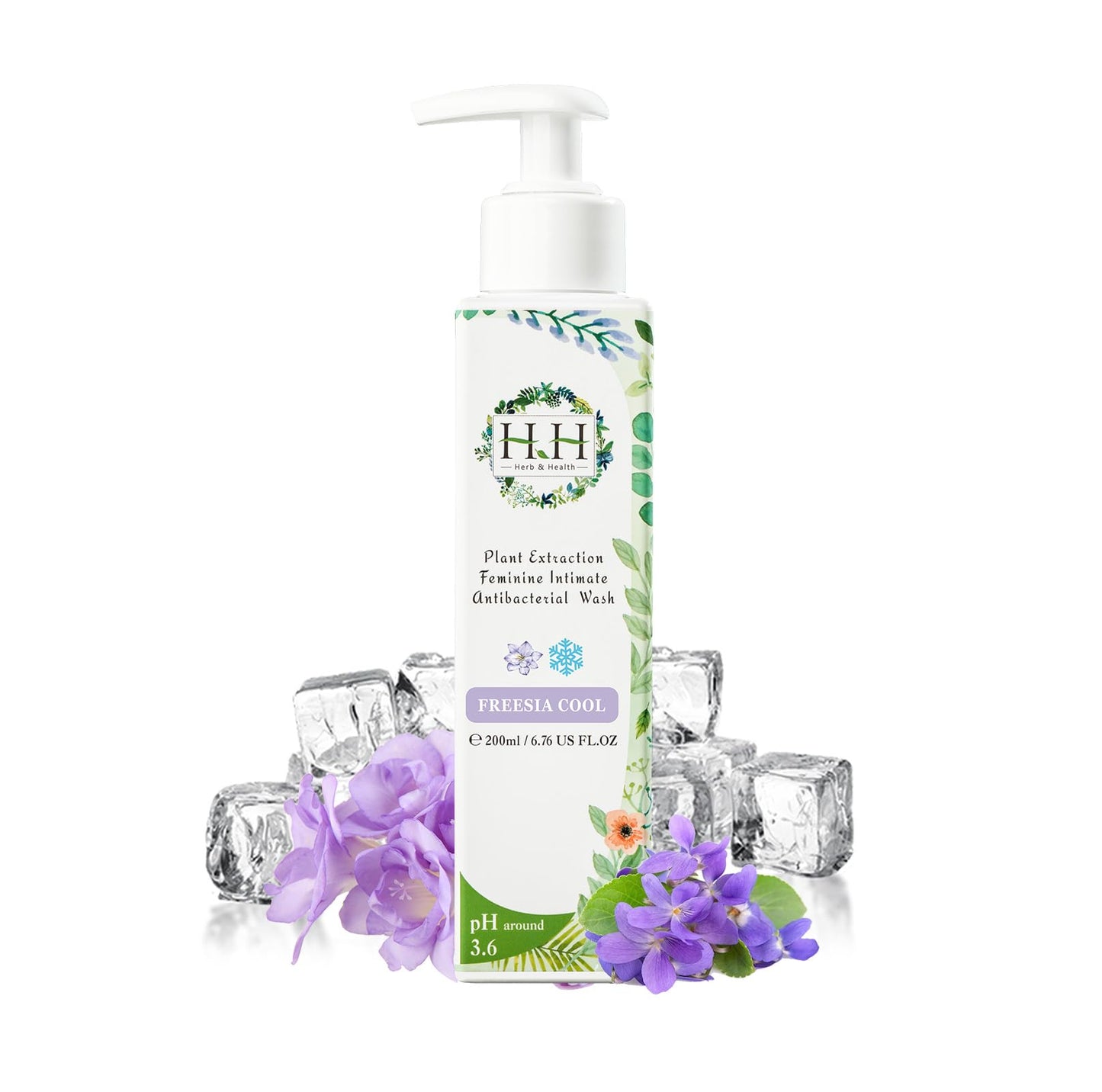 HH Herb & Health Feminine Wash for Women, pH3.6 Lactobacillus Cleanser with Botanical Extracts, Hydrating & Cooling Intimate Care for Odor Dryness and Itch, Sensitive Skin Safe, Fresh Floral Scent