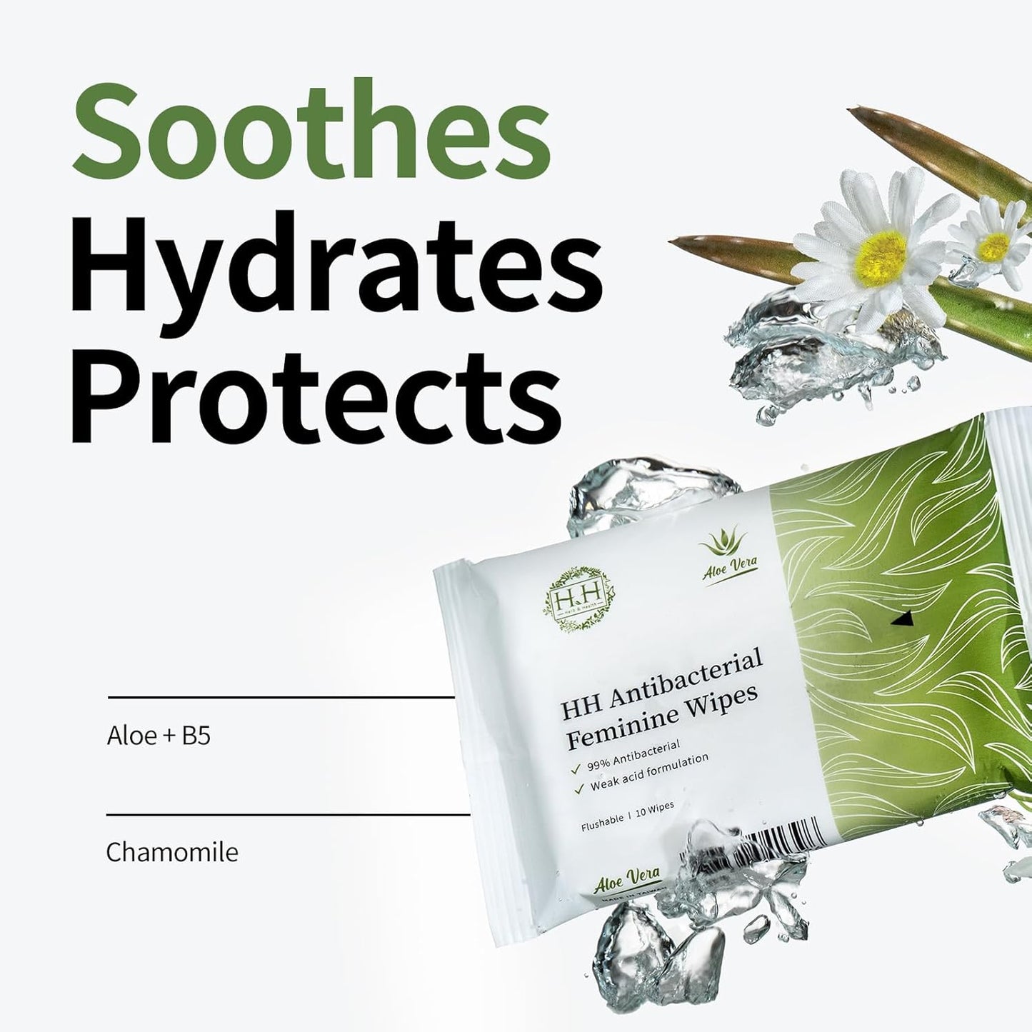 HH Feminine Wipes, Removes Odor, pH Balanced, Flushable Cleansing Wipes, Alcohol-Free - Unscented (10 Count, Pack of 5)