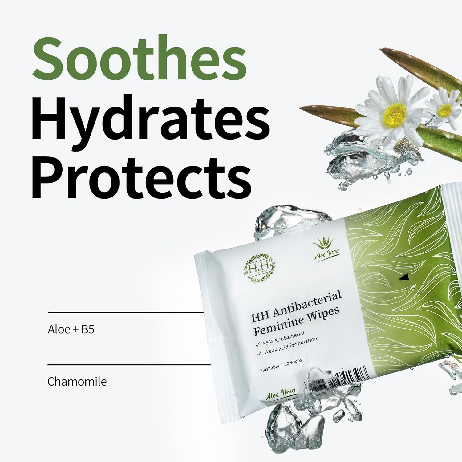 HH Feminine Wipes, Removes Odor, pH Balanced, Flushable Cleansing Wipes, Alcohol-Free - Unscented (10 Count, Pack of 5)