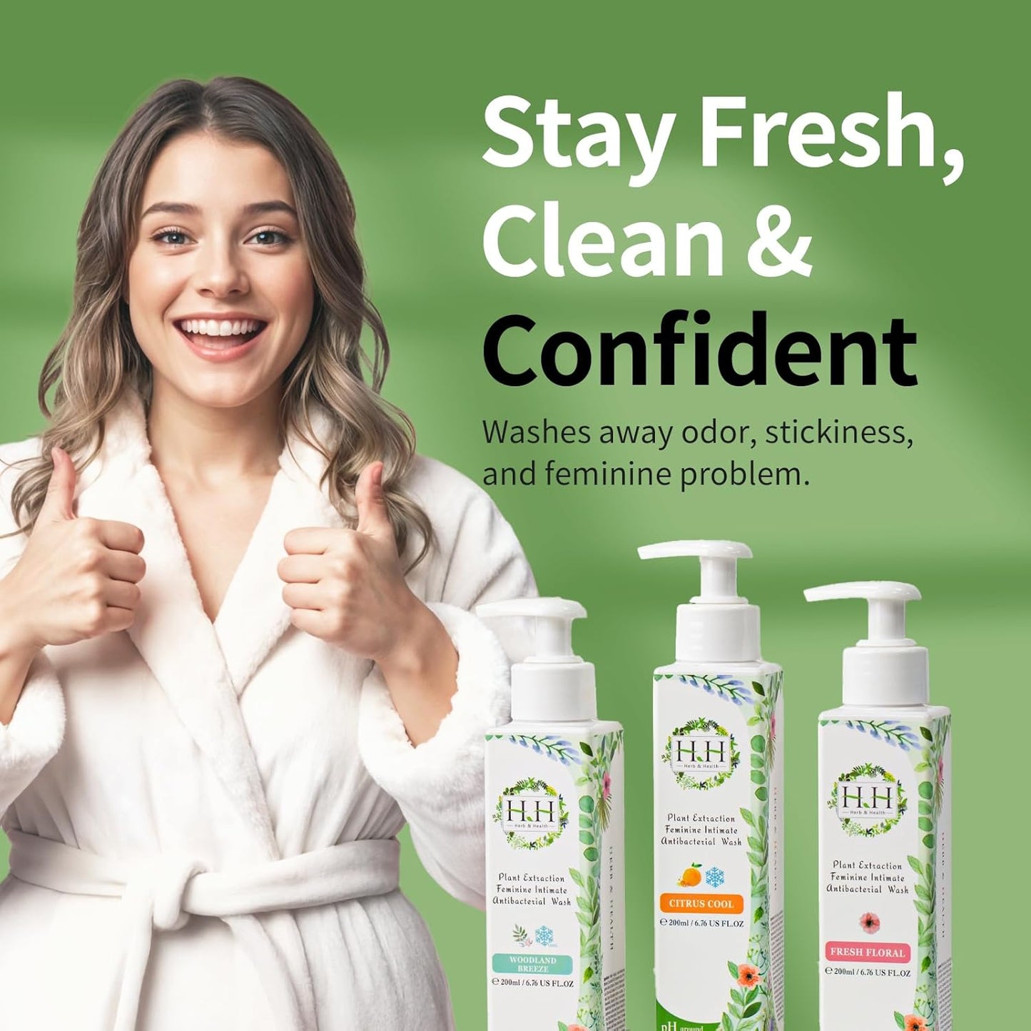 HH Herb&Health Feminine Wash and Deodorant Spray Set, pH 3.6 Intimate Cleanser and Odor Control Mist, Natural Essential Oils, Alcohol Free, For Daily Freshness and Sensitive Skin -Fresh floral scent