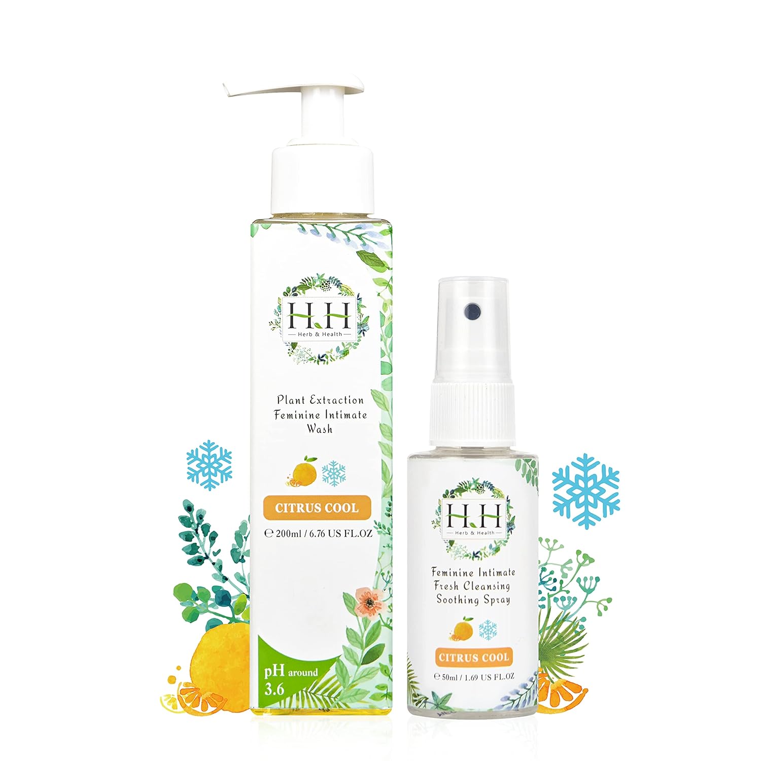 HH Herb&Health Feminine Wash and Deodorant Spray Set, pH 3.6 Intimate Cleanser and Odor Control Mist, Natural Essential Oils, Alcohol Free, For Daily Freshness and Sensitive Skin -Cooling Citrus scent