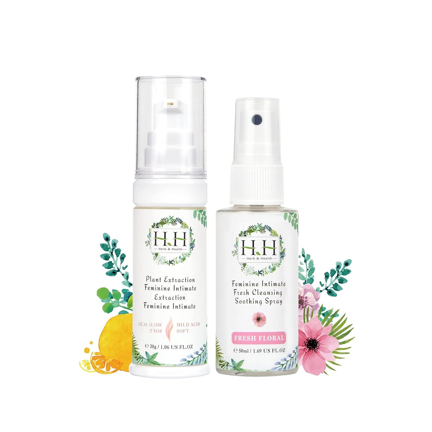 HH Intimate Brightening Serum Citrus Scent & Feminine Hygiene Spray Fresh Flora Scent, Natural Plant-Based, pH3.6, Moisturizing, Odor Control, Itch Relief, Tightening for Sensitive Skin