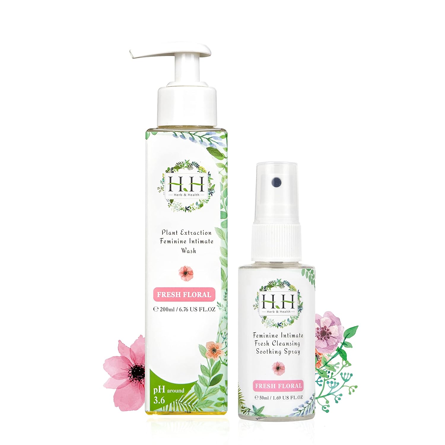 HH Herb&Health Feminine Wash and Deodorant Spray Set, pH 3.6 Intimate Cleanser and Odor Control Mist, Natural Essential Oils, Alcohol Free, For Daily Freshness and Sensitive Skin -Fresh floral scent