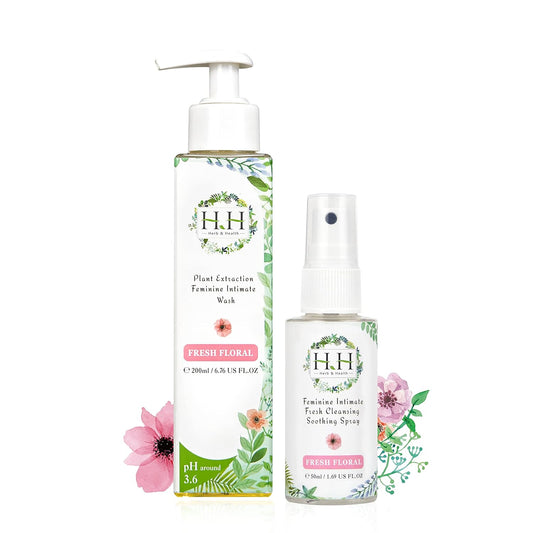 HH Herb&Health Feminine Wash and Deodorant Spray Set, pH 3.6 Intimate Cleanser and Odor Control Mist, Natural Essential Oils, Alcohol Free, For Daily Freshness and Sensitive Skin -Fresh floral scent