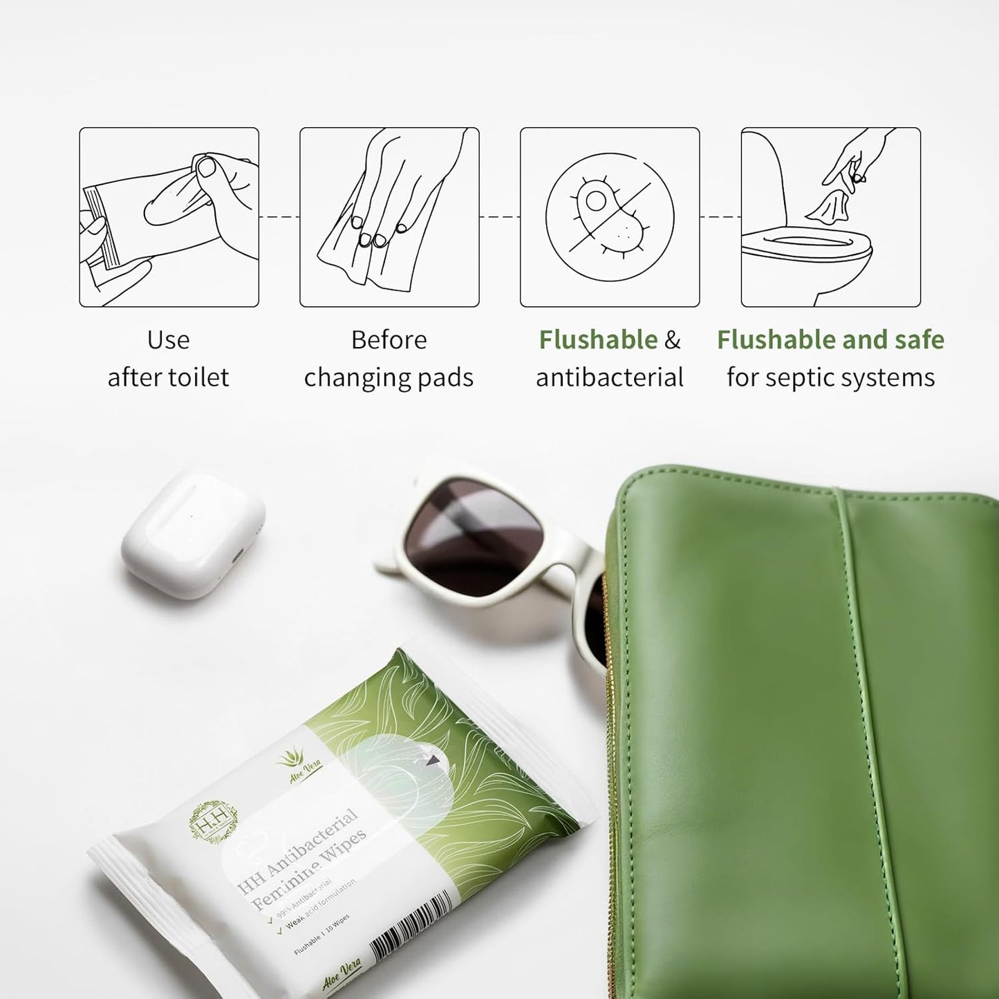 HH Feminine Wipes, Removes Odor, pH Balanced, Flushable Cleansing Wipes, Alcohol-Free - Unscented (10 Count, Pack of 5)