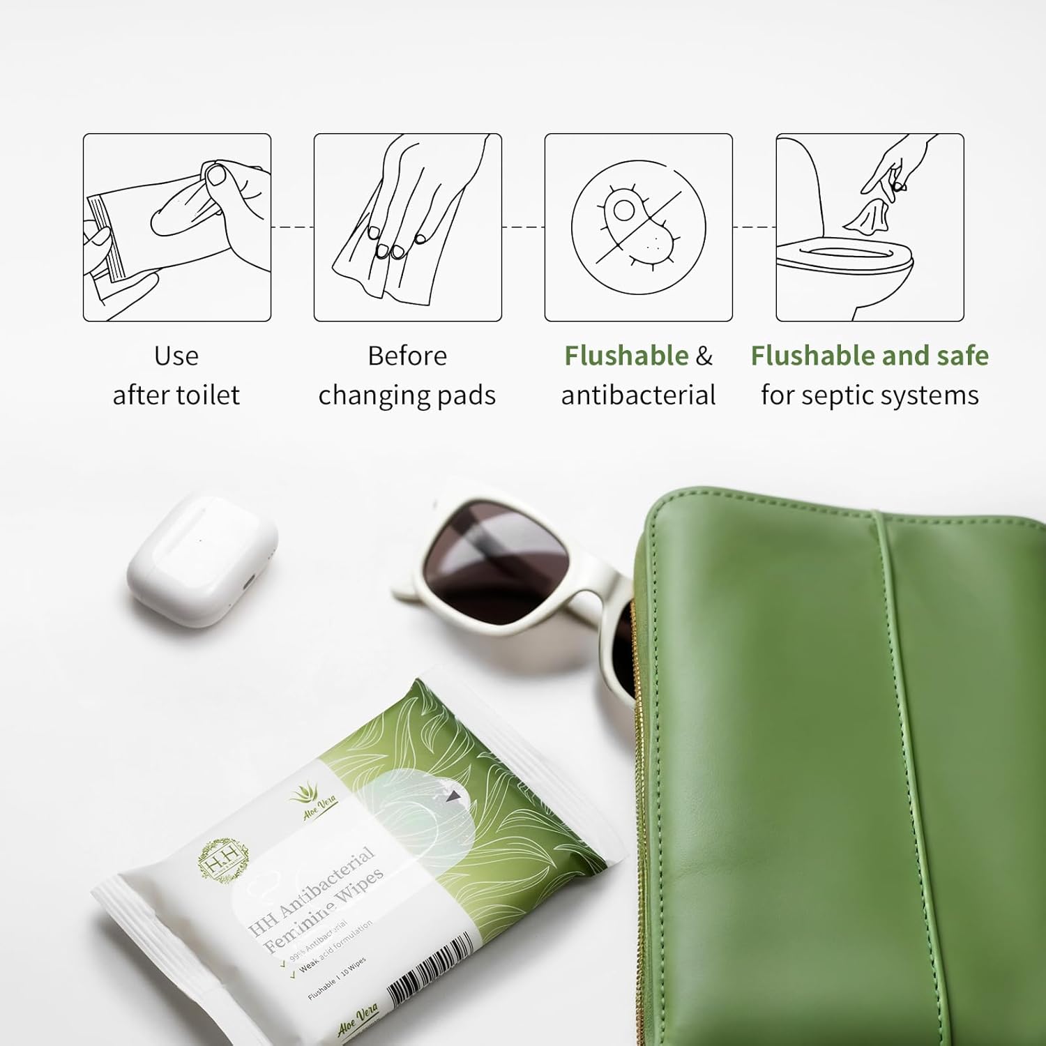 HH Feminine Wipes, Removes Odor, pH Balanced, Flushable Cleansing Wipes, Alcohol-Free - Unscented (10 Count, Pack of 5)