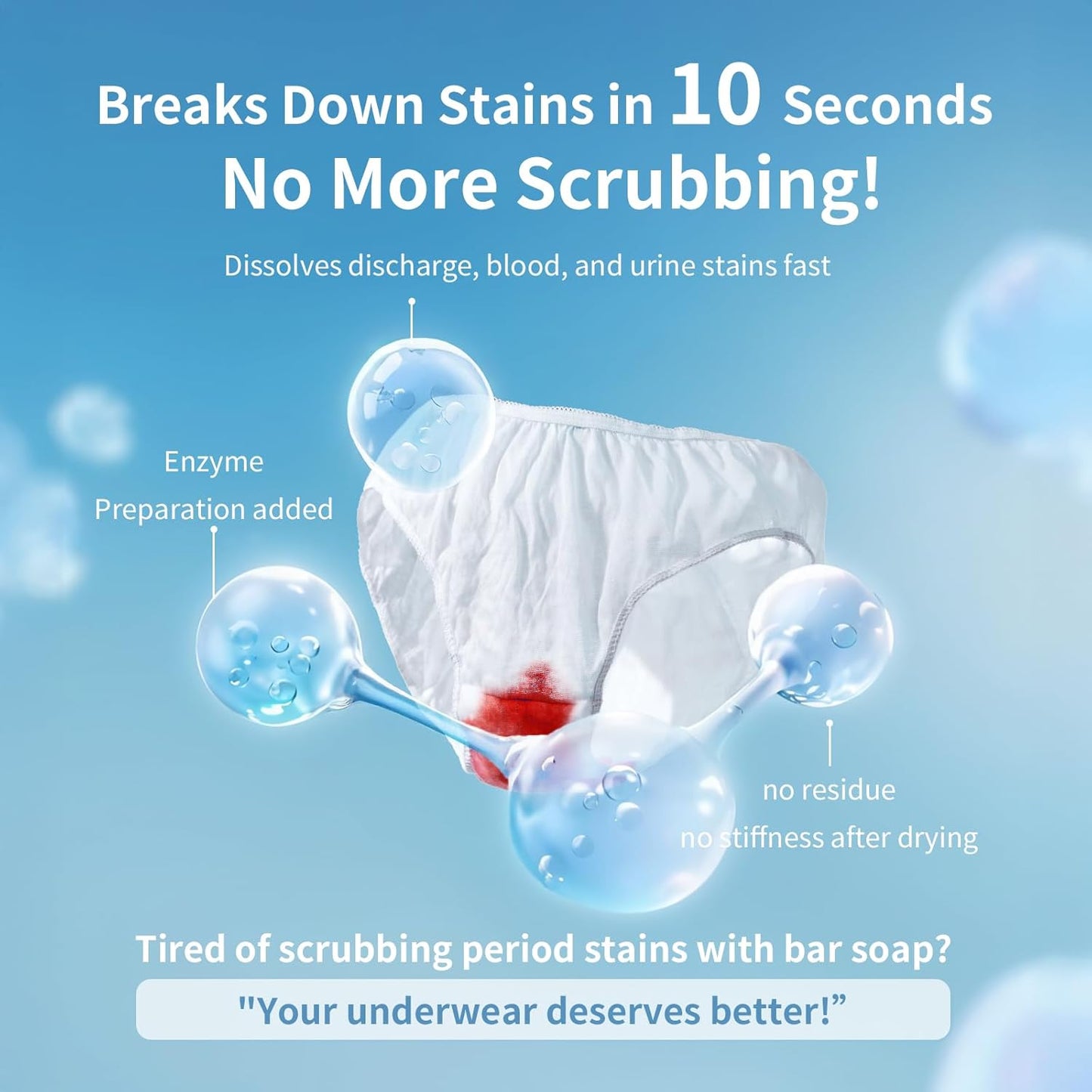 HH Herb & Health Underwear Wash, Enzyme Stain Remover for Panties Period Blood Discharge Sweat, Gentle pH7 Hand Wash Detergent for Sensitive Skin, No Bleach, Garden Scent