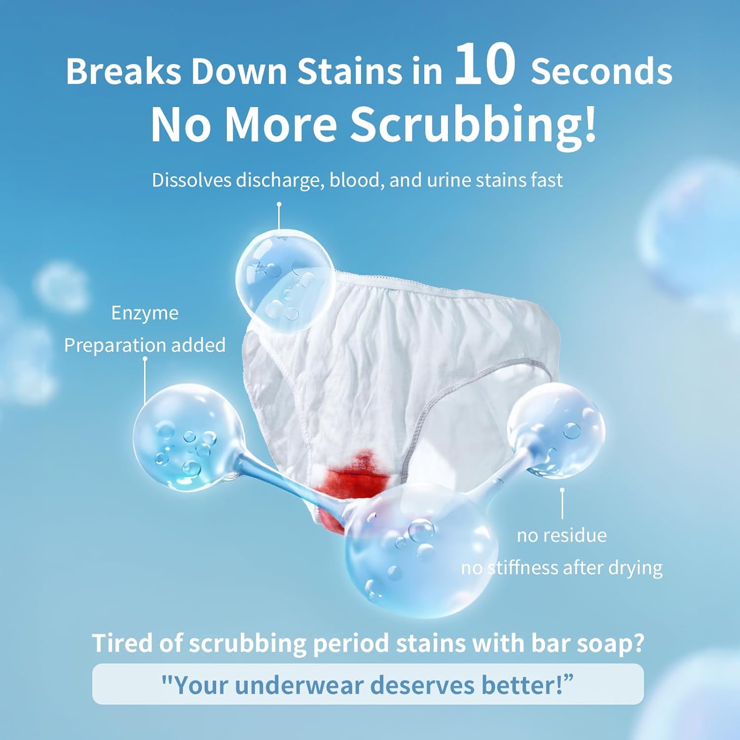 HH Herb & Health Underwear Wash, Enzyme Stain Remover for Panties Period Blood Discharge Sweat, Gentle pH7 Hand Wash Detergent for Sensitive Skin, No Bleach, Garden Scent