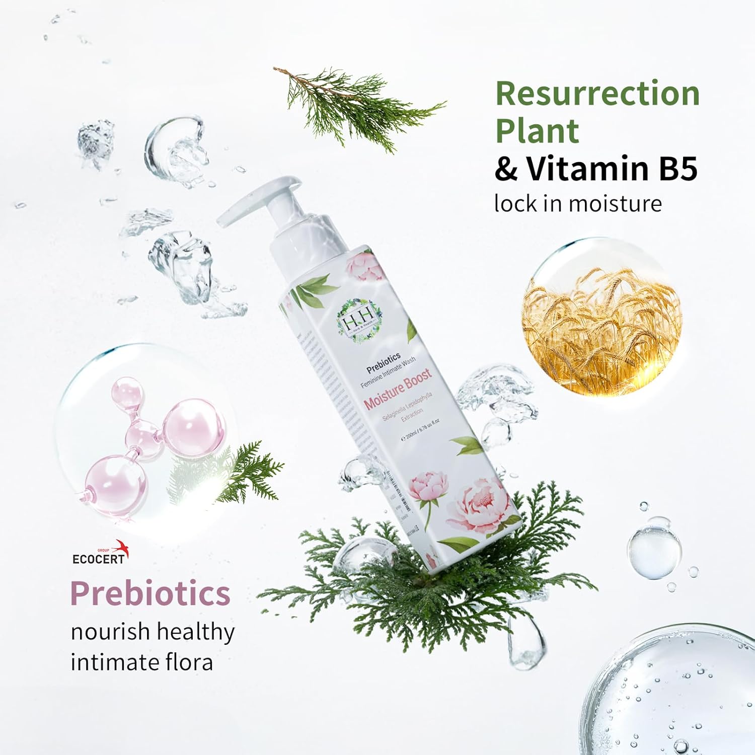 HH Herb&Health Prebiotics Feminine Wash and Deodorant Soothing Spray Set, Moisture Boost pH 3.6 Intimate Cleanser -Peony Rose and Odor Control Refreshing Mist -Cooling Citrus scent, for Sensitive Skin