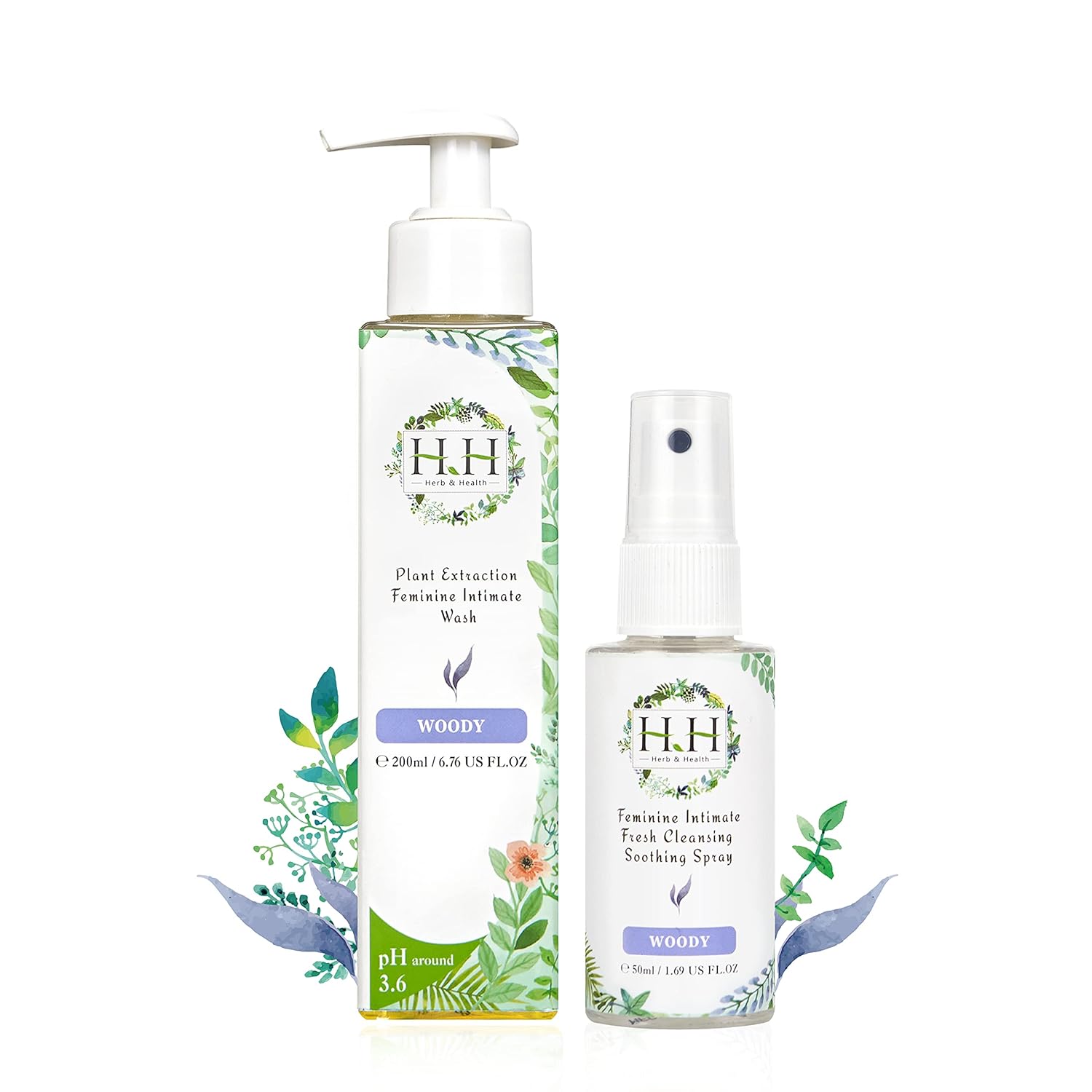 HH Herb&Health Feminine Wash and Deodorant Spray Set, pH 3.6 Intimate Cleanser and Odor Control Mist, Natural Essential Oils, Alcohol Free, For Daily Freshness and Sensitive Skin -Woody scent