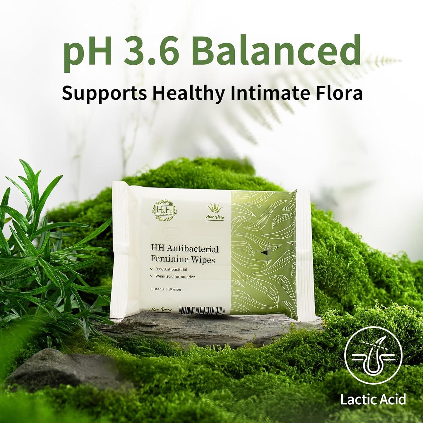 HH Feminine Wipes, Removes Odor, pH Balanced, Flushable Cleansing Wipes, Alcohol-Free - Unscented (10 Count, Pack of 5)