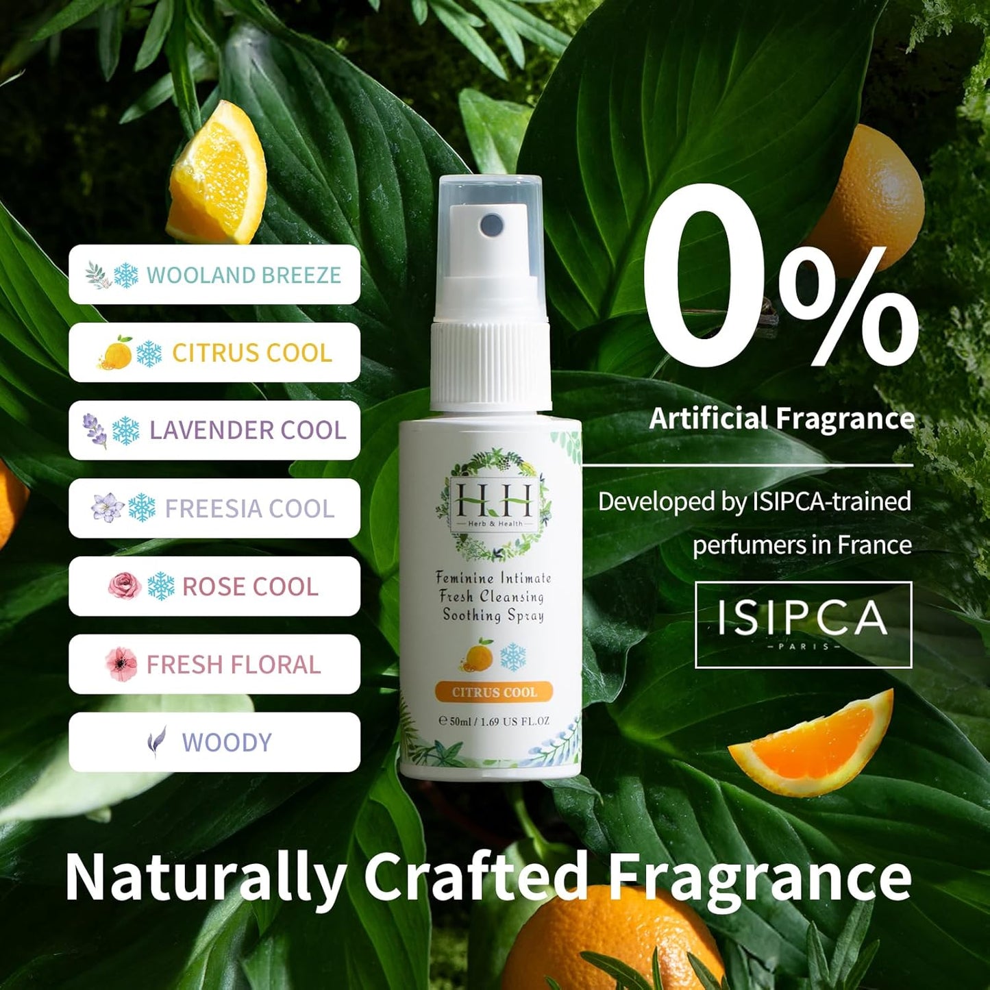 HH Herb & Health Feminine Deodorant Spray,pH 3.6 Intimate Mist for Odor Sweat Itch Dryness, Cool or Uncool, Natural Botanicals with Aloe Chamomile Oat, Alcohol Free for Sensitive Skin - Cooling Citrus