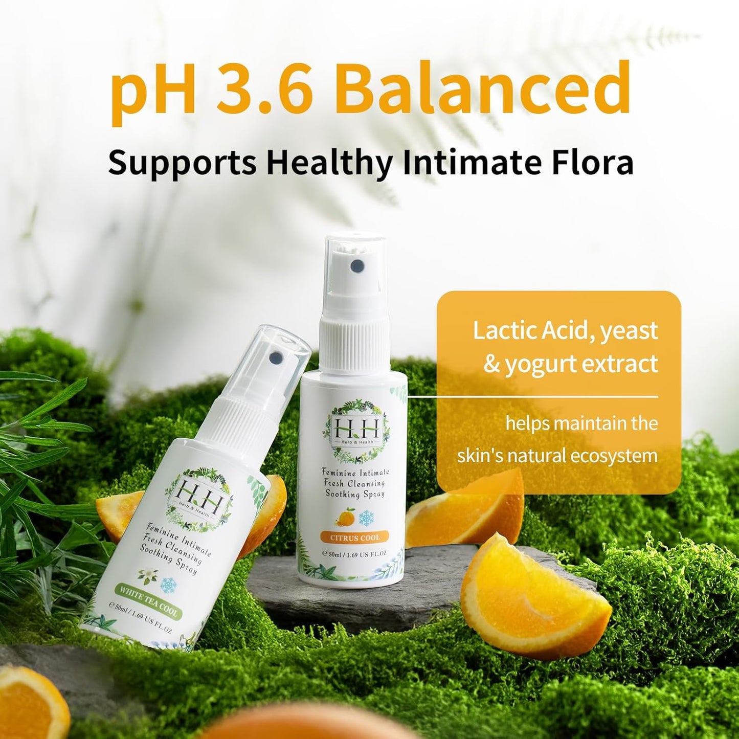 HH Herb & Health Feminine Deodorant Spray,pH 3.6 Intimate Mist for Odor Sweat Itch Dryness, Cool or Uncool, Natural Botanicals with Aloe Chamomile Oat, Alcohol Free for Sensitive Skin - Cooling Citrus