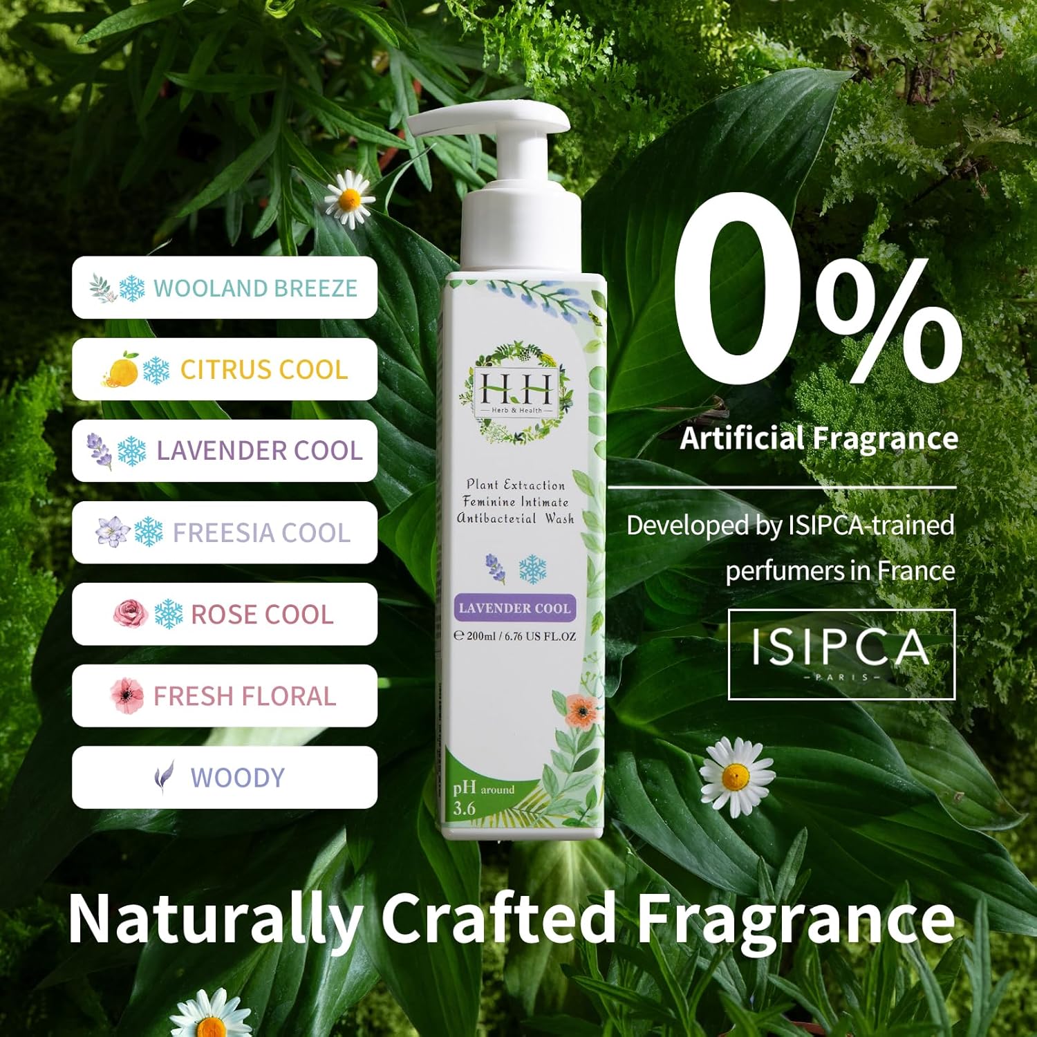 HH Herb & Health Feminine Wash for Women, pH3.6 Lactobacillus Cleanser with Botanical Extracts, Hydrating & Cooling Intimate Care for Odor Dryness and Itch, Sensitive Skin Safe, Fresh Floral Scent